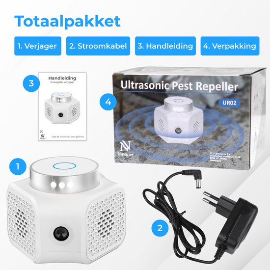 Nuvance - Muizenverjager - Ultrasone Verjagers - Ratten Verjager - 360 Graden & 4 Modi - Ongedierte Verjager met Ultrasone - Muizen Bestrijding - Wit