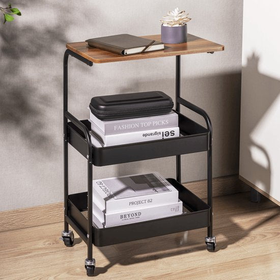 VDD - Bijzettafel - Bijzettafel Woonkamer - Bijzettafel Zwart - Bijzettrolley - Bijzettafel op Wieltjes - Bijzettafel Vierkant - Bijzettafel Industrieel