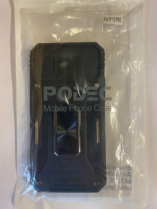 Podec Hoesje geschikt voor iPhone 12 Pro Zwart Telefoonhoesje - Anti-Shock Case Cover Hybrid Armor Hoes met Kickstand Ring met Screenprotector