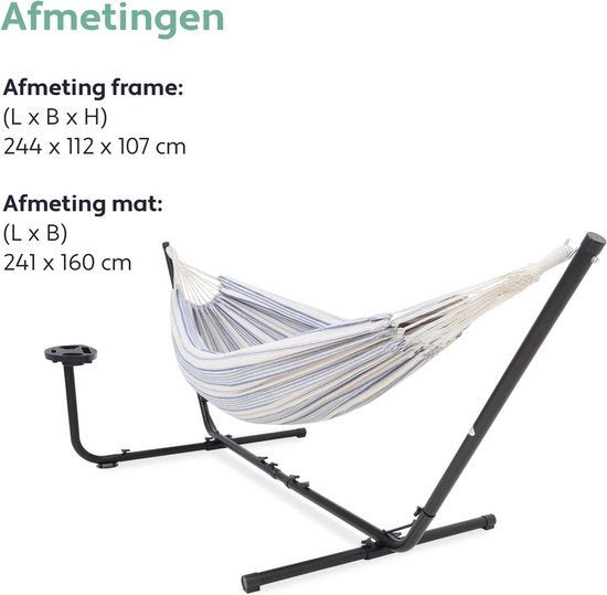 Vita5 Hangmat met Standaard – 2 Persoons – Incl. Bekerhouder – 205kg Draaggewicht – Blauw/Wit