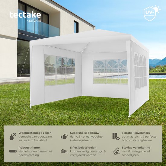 Tectake Partytent - Paviljoen - Opvouwbaar - Met Zijwanden - Waterdicht - 300 x 300 cm – Wit