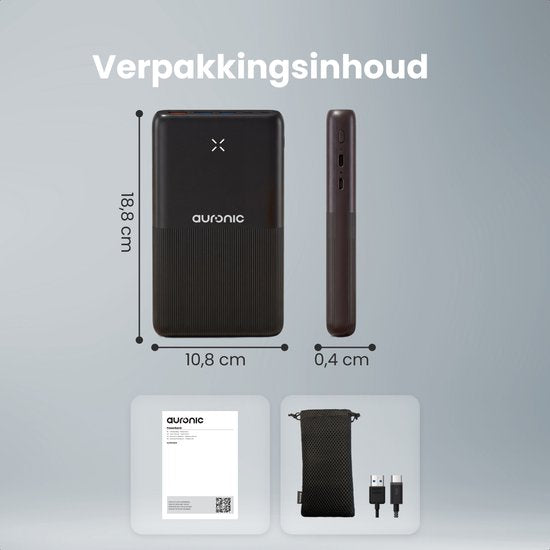 Auronic Powerbank 30.000 mAh - 22.5W Snellader via USB-C, USB-A, Micro-USB - Inclusief Kabel - Universeel - Quick Charge - Noodpakket - Zwart
