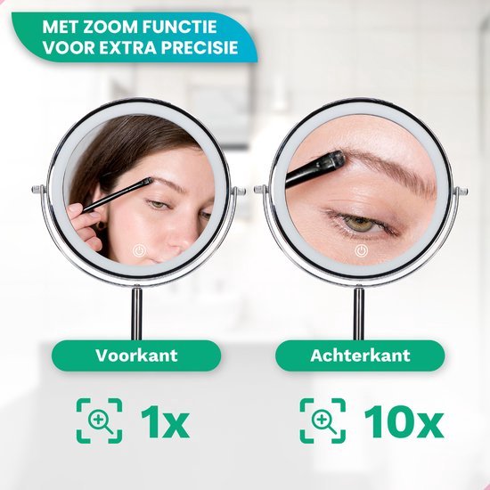 Mirlux Make Up Spiegel met LED Verlichting - 10x Vergroting Licht – Scheerspiegel Klein Op Voet - 3 Lichtstanden - Oplaadbaar - Vergrootspiegel Chroom
