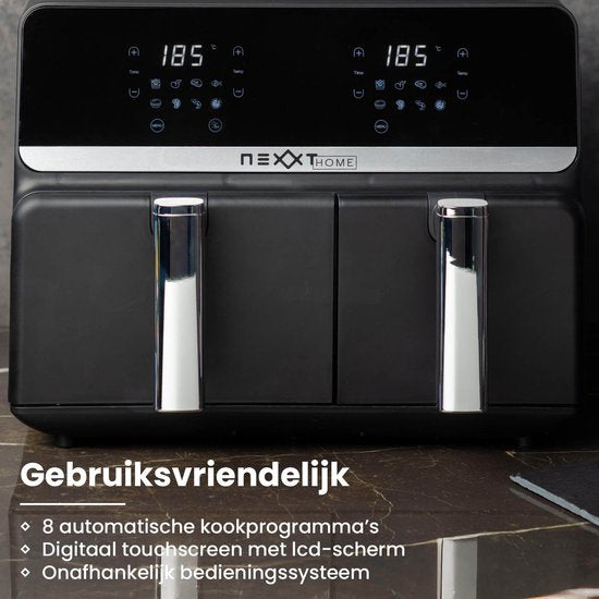 Nexxt Digitale Dubbele Airfryer XXL - Heteluchtfriteuse met Touchscreen – Inhoud 5,5 + 3,5 Liter – 8 Kookprogramma's - Zwart