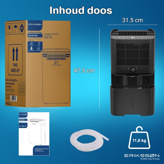 Erikssøn Dry Pro Plus Luchtontvochtiger 20L – Was-droog, Timer & Hygrometer – Huis, Slaapkamer, Badkamer – Zwart