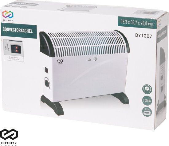 Infinity Goods Elektrische Convector Kachel - 750 / 1500 / 2000W - Verstelbare Thermostaat - Radiatorkachel - Oververhittingsbeveiliging - 35m² - Wit/Zwart