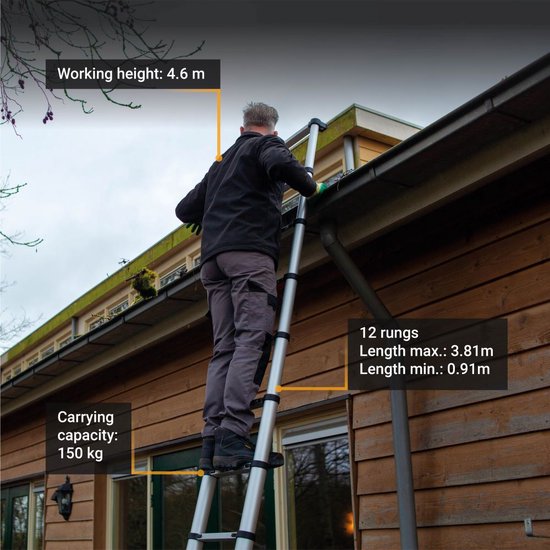 Batavia Telescopische ladder - 3,81 m - Geschikt voor binnen en buiten. licht, compact, aluminium constructie en veilig - Giraffe Air® Pro - Zwart met aluminium
