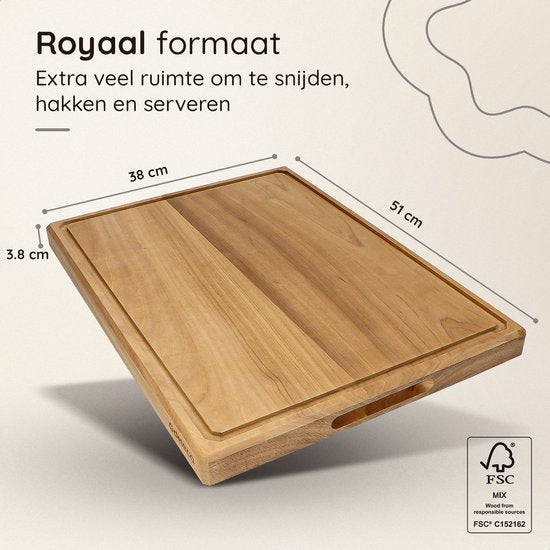 Deleca Teakhouten Snijplank - Dubbelzijdig met Sapgeul / Handgrepen - Groot en Dikke Teak Hout Hakblok - Voor Keuken, Duurzame Snijplanken, Serveerplank, Kaasplank, Borrelplank, Tapasplank - Zonder Plastic - 51x38x3.8 cm