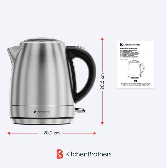 KitchenBrothers Waterkoker - 1L - RVS - BPA vrij - 2200W - 20.20x14.40x20.50 cm - RVS