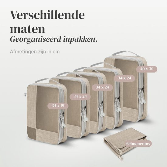 SC Travel Essentials Packing Cubes - 6-delige Set - Luxe Compressie Organizers van Hoogwaardig Nylon - Ruimtebesparend en Duurzaam - Ideaal voor Reizen - Beige
