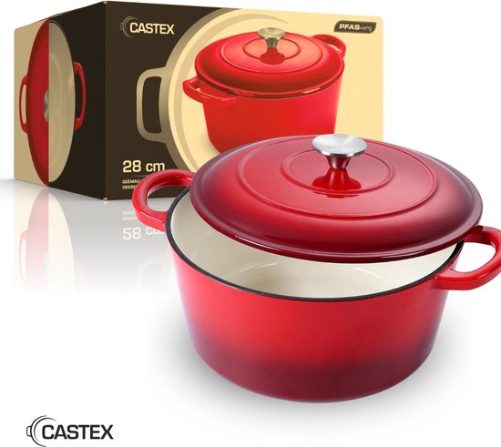 Castex Elegance Royal Gietijzeren Braadpan met Deksel 28 cm - Inductie Pan - Braadpannen Gietijzer - Rood