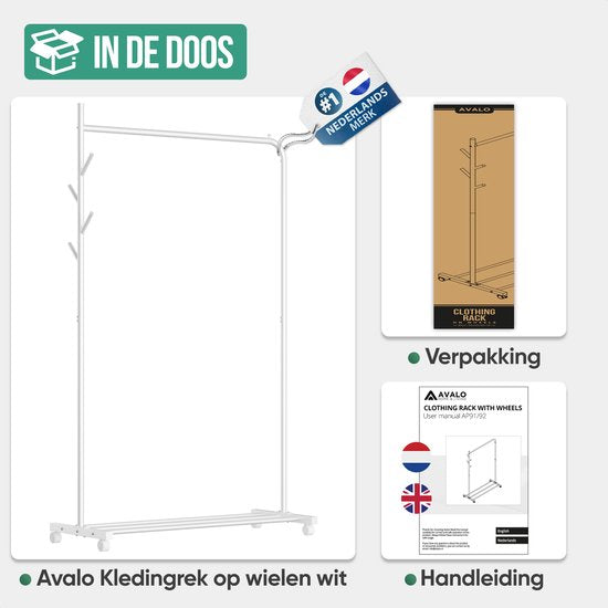 Avalo Kledingrek op Wieltjes Wit - Metaal - 100x40x156 - Opbergruimte Voor Schoenen