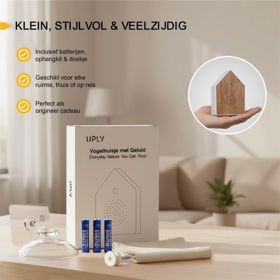 UPLY Vogelhuisje Met Geluid -Vogelgeluiden Huisje Met Sensor - 5 Natuurgeluiden Voor op Toilet/Wc - Bewegingsmelder - Zwitscherbox - Cadeau - Incl. Bevestiging - Wit - Eik