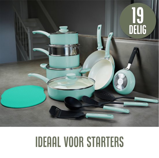 COOCK 19-Delige Pannenset Inductie - Speciale Anti-Aanbak Coating - Ergonomische Koudgrepen - Gerecycled Aluminium - koekenpannenset - kookpottenset - Turqoise (Groen) - Inclusief Onderzetters en E-book