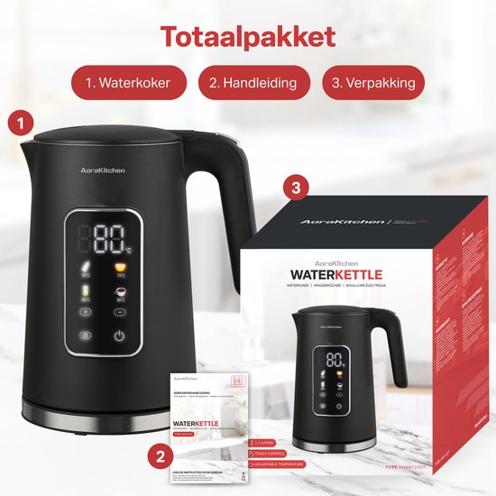 AoraKitchen Waterkoker - LED Touchscreen - Instelbare Temperatuurregeling - Waterkokers - 1.7L - Elektrisch - Cool Touch - Zwart