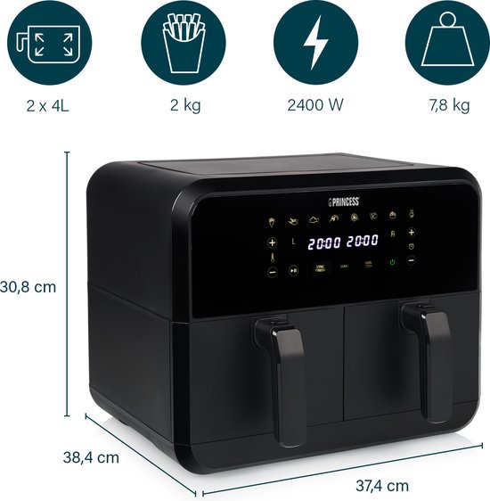Princess Double Basket Airfryer 182068 - Dubbele heteluchtfriteuse - 2 manden x 4 liter - 8 voorgeprogrammeerde programma’s - Touchscreen - Zwart