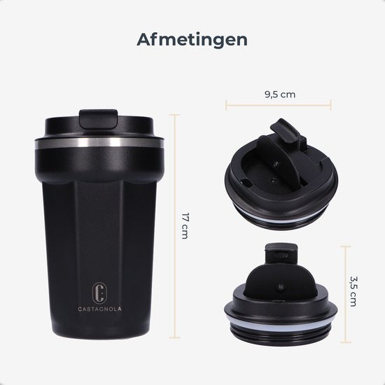 Castagnola Thermosbeker - Koffiebeker To Go - Travel Mug voor Koffie en Thee - Theebeker - 380 ML - RVS - Zwart - Octagon