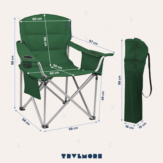 TRVLMORE Campingstoel XL - Opvouwbaar - 150KG Draagvermogen - Incl. Draagtas - Klapstoel - Visstoel - Kampeerstoel - Vouwstoel - Groen