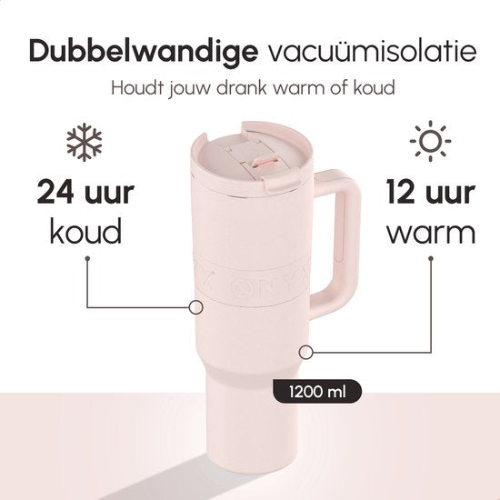 ONYX Drinkfles met Rietje 1.2 Liter - Waterfles voor Kinderen & Volwassenen - Thermosbeker Travel Mug - Motiverende Drinkbus - Drinkbeker voor School - Roze