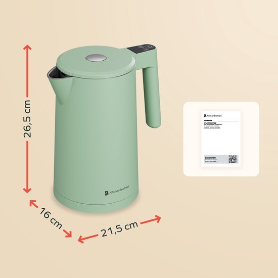 KitchenBrothers Waterkoker - 1.7L - Met Temperatuurregeling - Elektrisch - Warmhoudfunctie - Display - Dubbelwandig - Cool-touch - 2200W - Pastelgroen