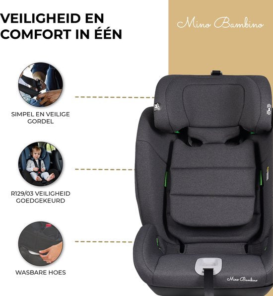 Mino Bambino i-Size Autostoel – Autostoel - Groep 1/2/3 (76–150 cm) – Grijs