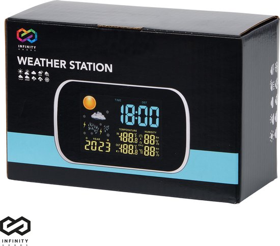 Infinity Goods Weerstation - Weersverwachting - Hygrometer - Binnen en Buiten - Temperatuur - Luchtvochtigheid - Draadloze Buitensensor - 100M bereik - Zwart