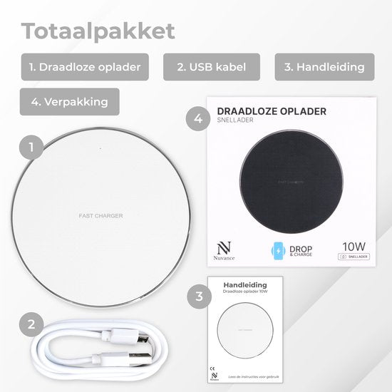 Nuvance - Draadloze Oplader 10W - Inclusief Kabel - Wireless Charger - Fast Charger - Geschikt voor alle Qi-Smartphones - Wit en Zilver