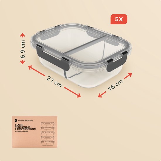 KitchenBrothers Meal Prep Bakjes Set - Met Scheiding - Glazen Vershoudbakjes - Twee Compartimenten - Luchtdicht - BPA Vrij - Diepvriesbakjes - Bewaarbakjes - 5L - Glas - 5 Stuks