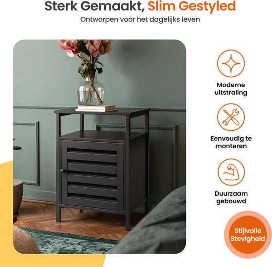 Goliving Nachtkastje - 40 x 40 x 60 cm - Opbergkastje met Deur en Planken - Hout - Industrieel - Bijzettafel Modern - Zwart