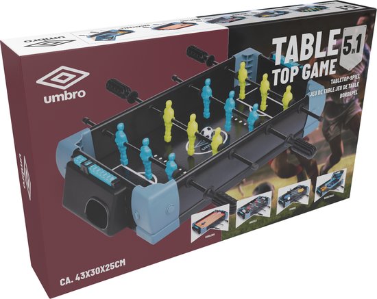 Umbro Tafelvoetbal Tafelmodel - 5-in-1 Tafelspel - 40 x 30 x 25 CM - Tafelvoetbalspel - Voetbal, Hockey, Basketbal, Tennis en Bowlen - Zwart/Blauw
