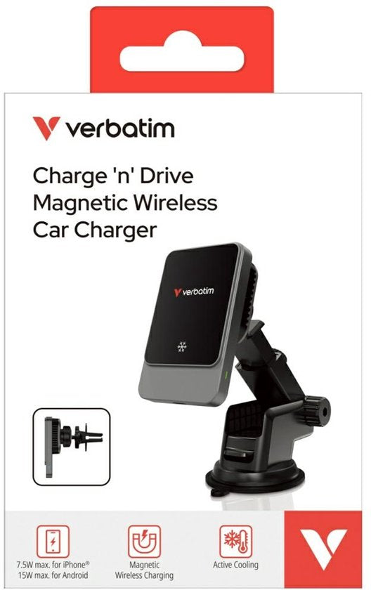 Verbatim – Charge 'n' Drive Magnetische Draadloze Auto Oplader – CND-03 – 15 W Qi Snel Laden – Voorzien Van Ice-Cooling Systeem En RGB Verlichting En 360 Graden Draaifunctie – Voor Dashboard En Ventilatierooster – Zwart Metaal En Kunststof