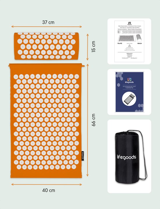LifeGoods Acupressuur Mat met Kussen - Shakti mat - Spijkermat Incl. 2x Triggerpoint Bal - 66x40x2cm - Oranje/Wit