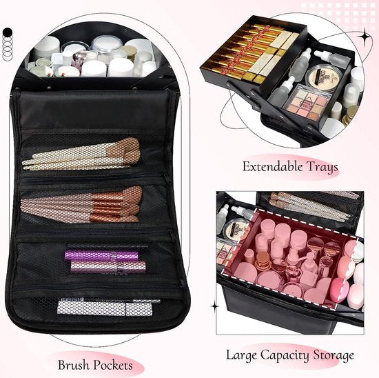 Make-up Organizer Box, Vanity Case, Cosmetische Opbergdoos - Professionele Grote Travel Makeup Artist Tas met Compartimenten - Vrouwen Vanity Beauty Kit Organizer voor Make-up Cosmetica, zwart