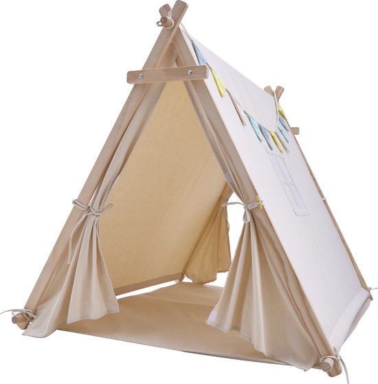 Sunny Sienna Speeltent met vlaggen en vloermat Crème – Wigwam Tipi Tent voor kinderen met Slinger & Opbergtas - Stokken FSC hout - 120x100x105cm