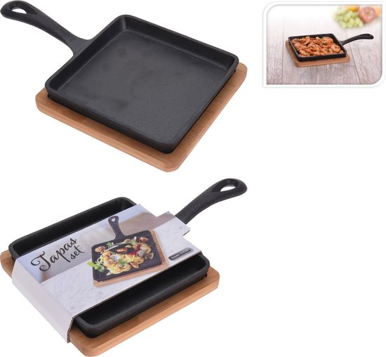 Excellent Houseware Serveerpannetje met plank - gietijzer - bamboe hout - 14 cm