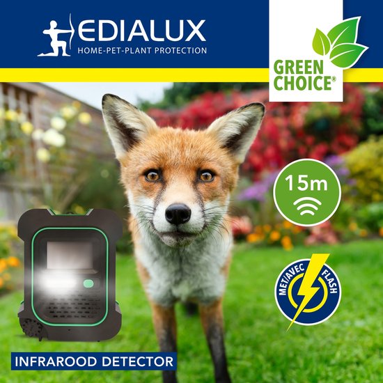 Edialux Ultrasonic Defend Vossen & Marters Flash, ultrasone vossen- en marterverjager met flits, bescherm je tuin veilig en effectief, werkt op batterijen of met adapter, max. 200 m²
