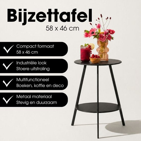 Mica Decorations Seatle Bijzettafel Rond voor Buiten - Koffietafel - Salontafel Buiten - Ook als Plantentafeltje of Plantenstandaard - Metaal - 58 x 46 cm - Zwart