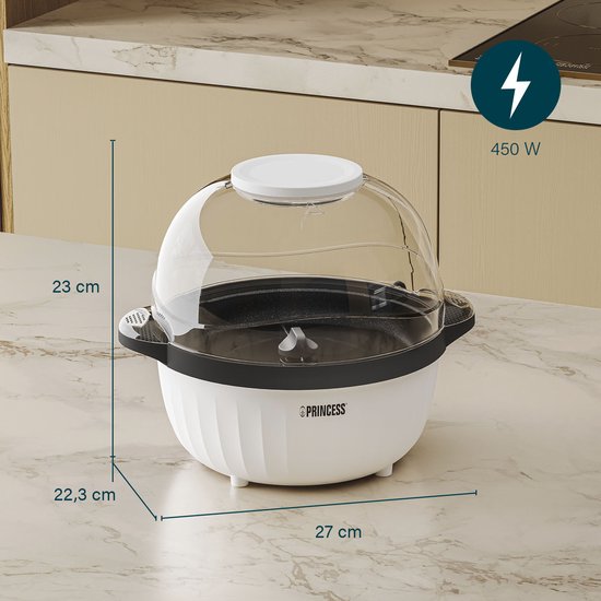Princess 292980 Popcornmaker - Popcornmachine 450w - Transparant deksel - Serveerschaal - Rond - Knapperige en gezonde popcorn - met maatbeker - met smeltplaat voor boter - olie toevoegen mogelijk - Kinderfeestje
