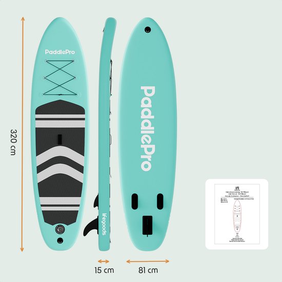 LifeGoods PaddlePro SUP Board - Opblaasbaar Paddle Board - Complete Set - Max. 135KG - 320x81cm - Pastelgroen