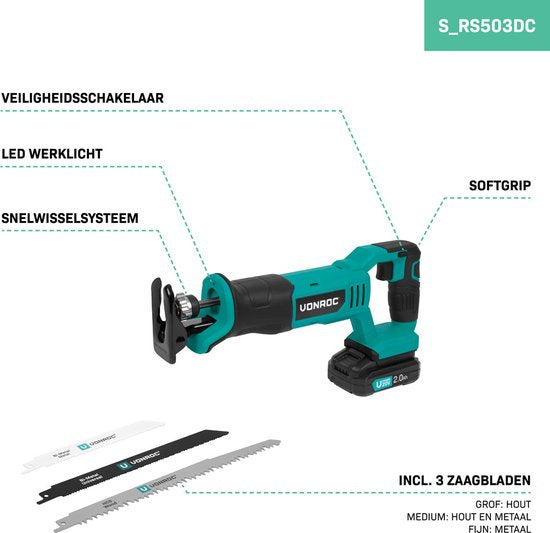 VONROC Accu Reciprozaag 20V - Incl. 3 Zaagbladen - Incl. 2.0Ah Accu en snellader