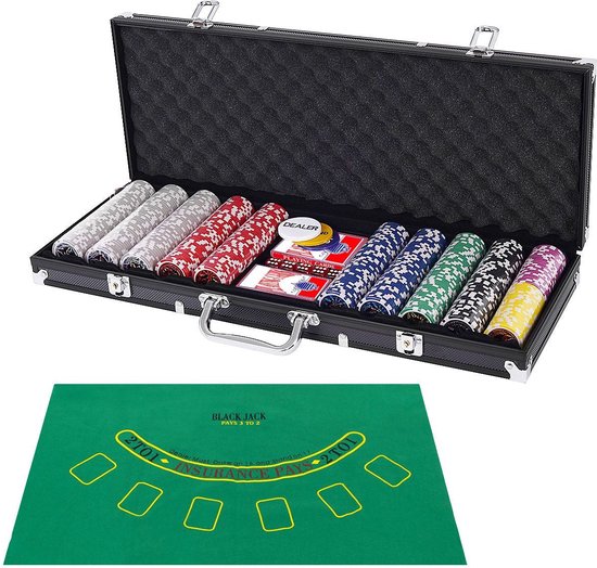 Coast 500-delige casino pokerset met chips & speelkaarten & kubussen en dealerchips & tafelkleed zwart