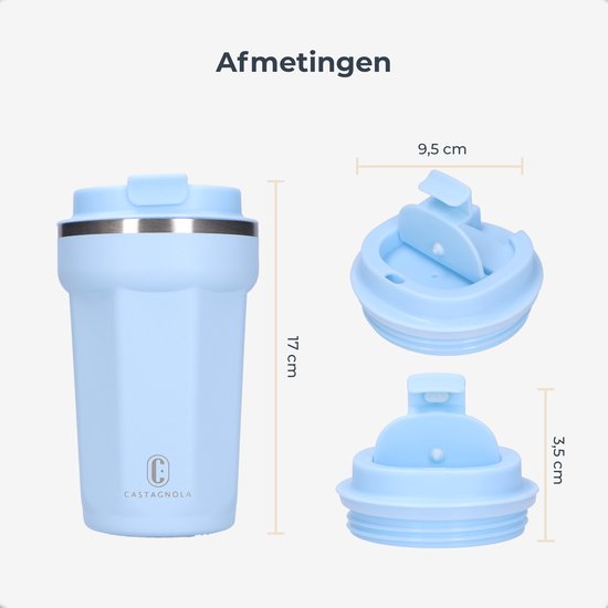 Castagnola Thermosbeker - Koffiebeker To Go - Travel Mug voor Koffie en Thee - Theebeker - 380 ML - RVS - Lichtblauw - Octagon