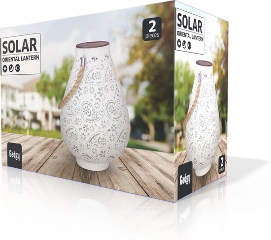 Gadgy Solar Lantaarn Mat Wit - Tafellamp set van 2 - Solar Tuinverlichting op Zonneenergie - Led Buitenverlichting met Dag/Nacht Sensor - Hanglamp - Tuinlantaarn - Metaal - 23 x Ø17.5CM