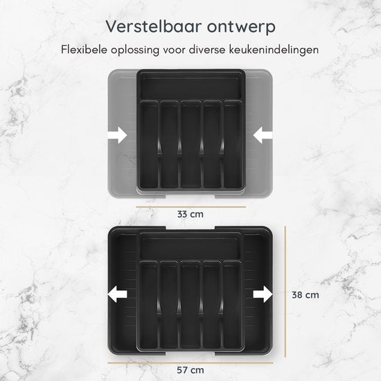 Deleca Uitschuifbaar Bestekbak met 8 Vakken - Besteklade Organizer - Keukenlade Bestek Organiser - Bestekhouder Keuken - 57 x 38 cm - Kunststof / Zwart