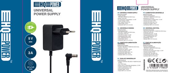 HQ-Power Universele voedingsadapter, 12 VDC, 0.5 A, 6 W, 5.5 x 2.1 mm DC-stekker, zwart