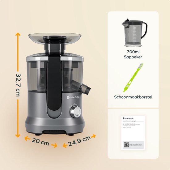 KitchenBrothers Sapcentrifuge - Voor Groenten en Fruit - Juicer - Met Pulpcontainer - 500ml - 600W - Zilver/Grijs