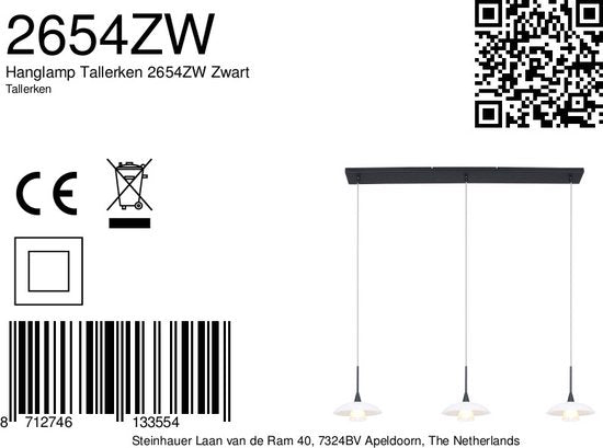 Hanglamp Tallerken 2654ZW Zwart - Modern, Hoogte Verstelbaar, Materiaal: Glas en Metaal, Binnen, Steinhauer