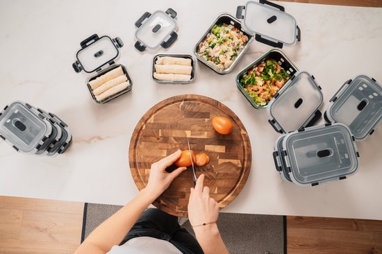 VDN Glazen Meal Prep Bakjes met Silicone Sleeve – 10 Delige Set Vershoudbakjes van Borosilicaatglas – Luchtdicht & BPA Vrij – Magnetron met Ventiel, Oven, Vriezer & Vaatwasser Bestendig – 5x1040ML & 5x370ML