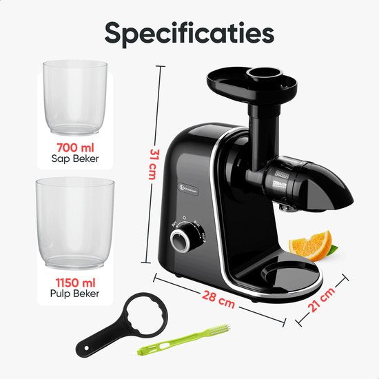 Kitchenwell Slowjuicer - 700ml - Juicer met pulpreservoir - Groenten en fruitpers - BPA vrij - Zwart