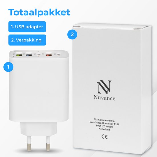 Nuvance - USB Adapter - 5 Poorten - USB Stekker - USB Oplader - Geschikt voor iedere USB Kabel - Wit